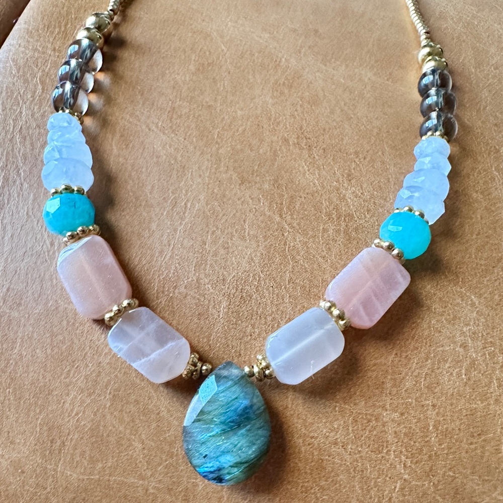 Blue Green Labradorite Pendant Necklace Gold Sunstone Moonstone Amazonite